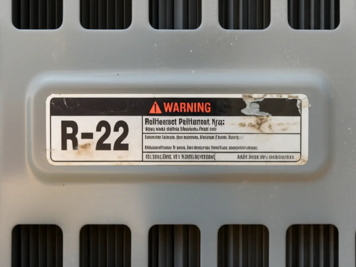 R-22 refrigerant label on older AC unit